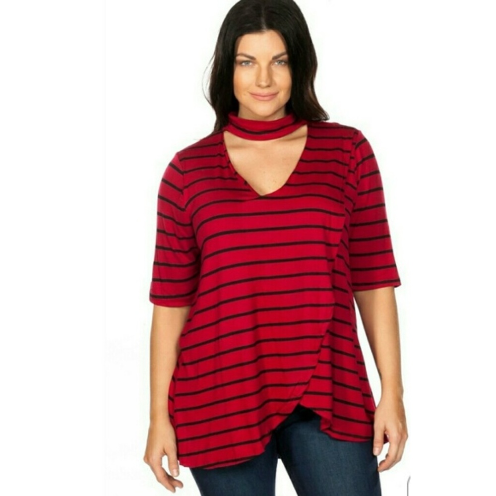 NWT Burgundy Mock Neck Choker Keyhole Stripe Top